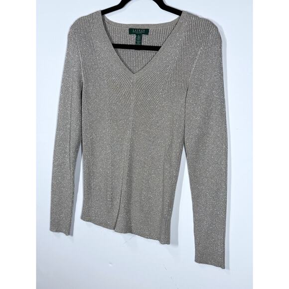 Ralph Lauren V-Neck Winter Preppy Long Sleeve Sweater Metallic Women SizeP/Large - Picture 7 of 8